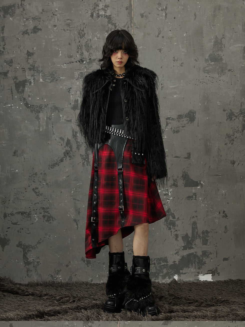 Frustration Garden Black Red Plaid Patchwork Asymmetrical Rock Women&