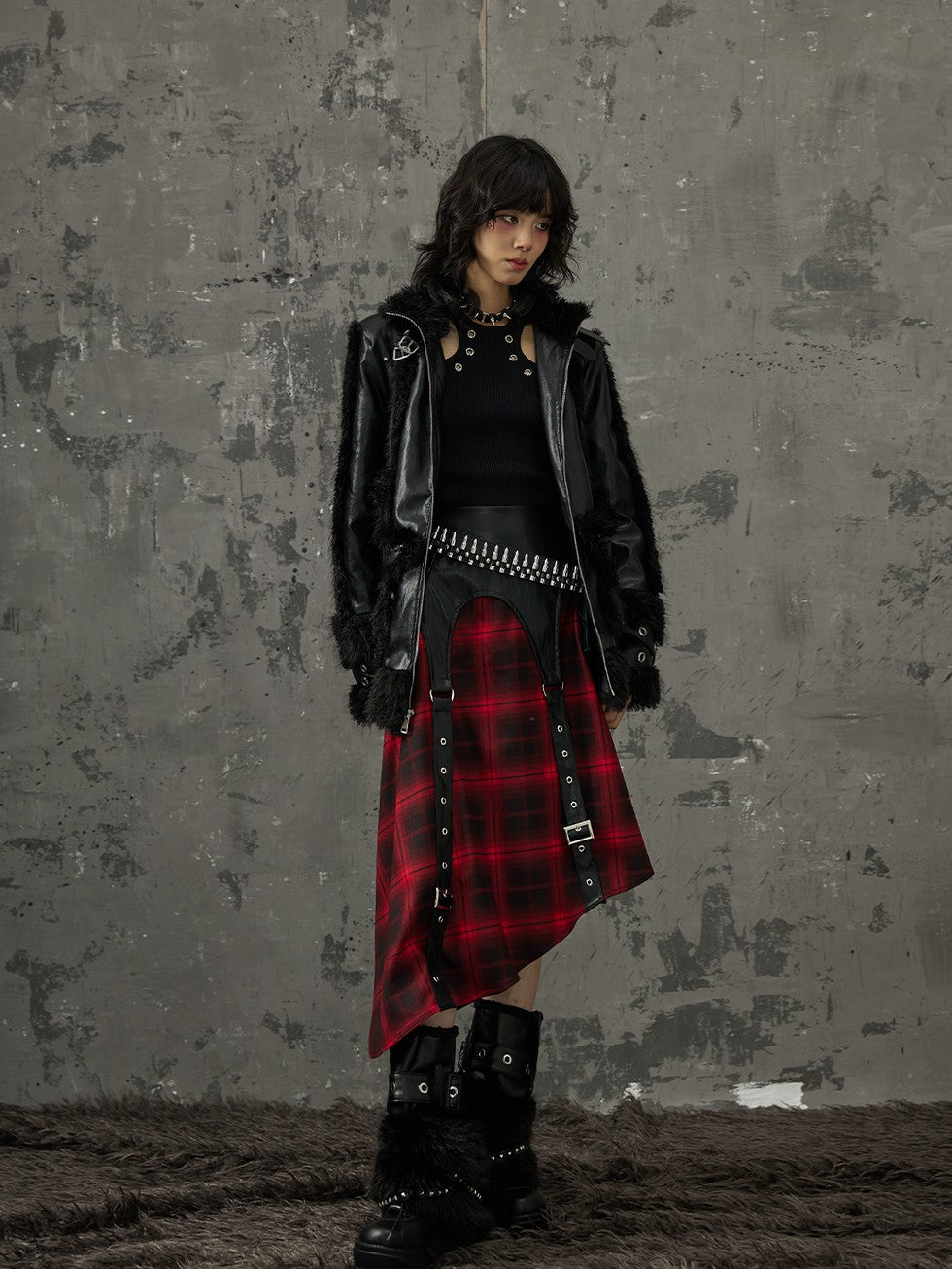 Frustration Garden Black Red Plaid Patchwork Asymmetrical Rock Women&