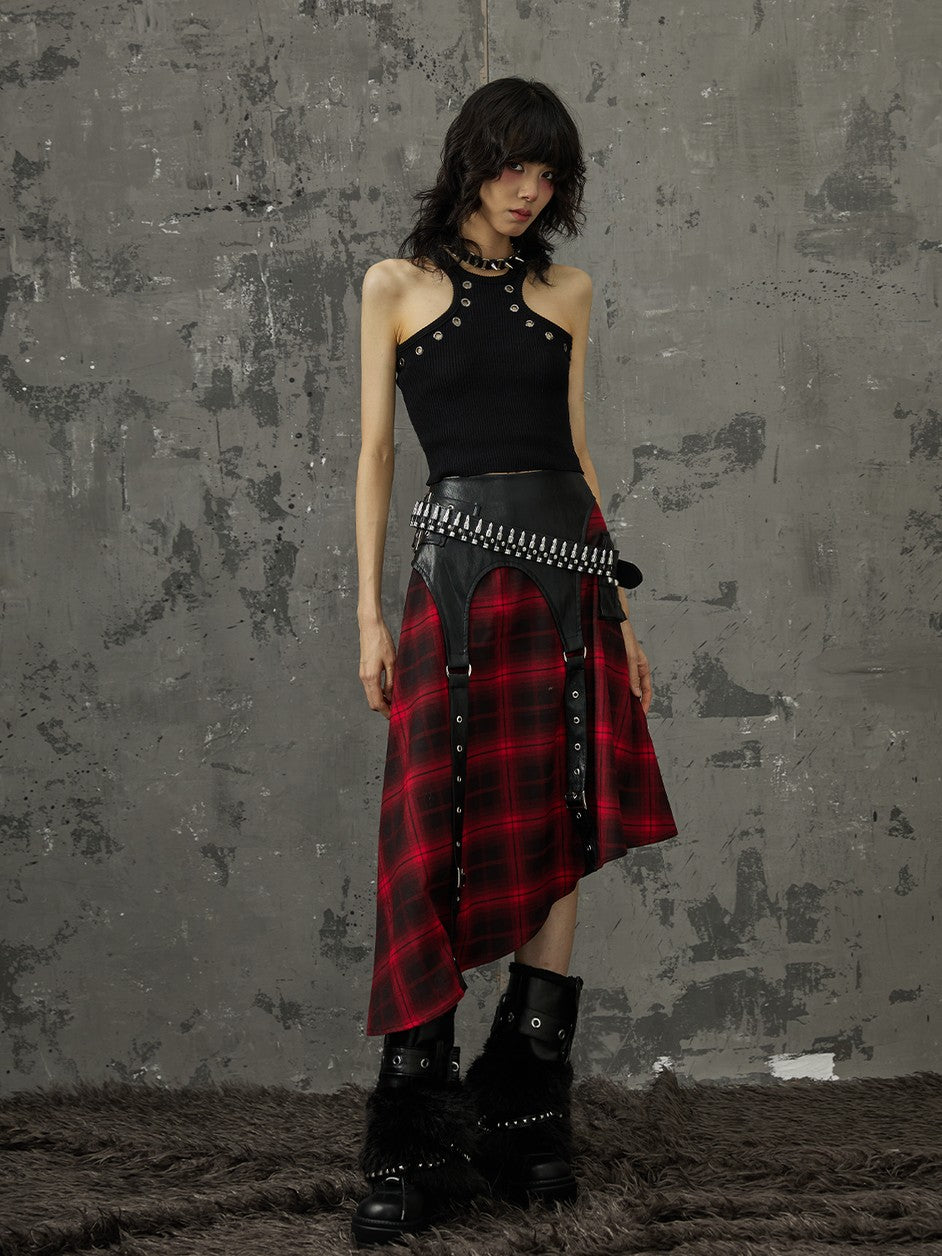 Frustration Garden Black Red Plaid Patchwork Asymmetrical Rock Women&