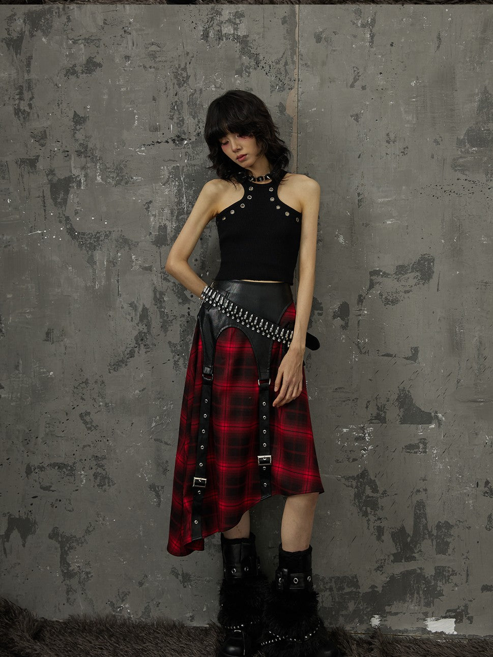 Frustration Garden Black Red Plaid Patchwork Asymmetrical Rock Women&