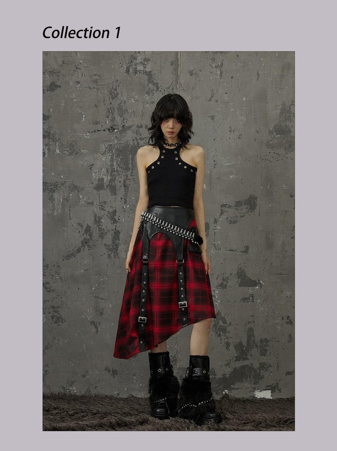 Frustration Garden Black Red Plaid Patchwork Asymmetrical Rock Women&