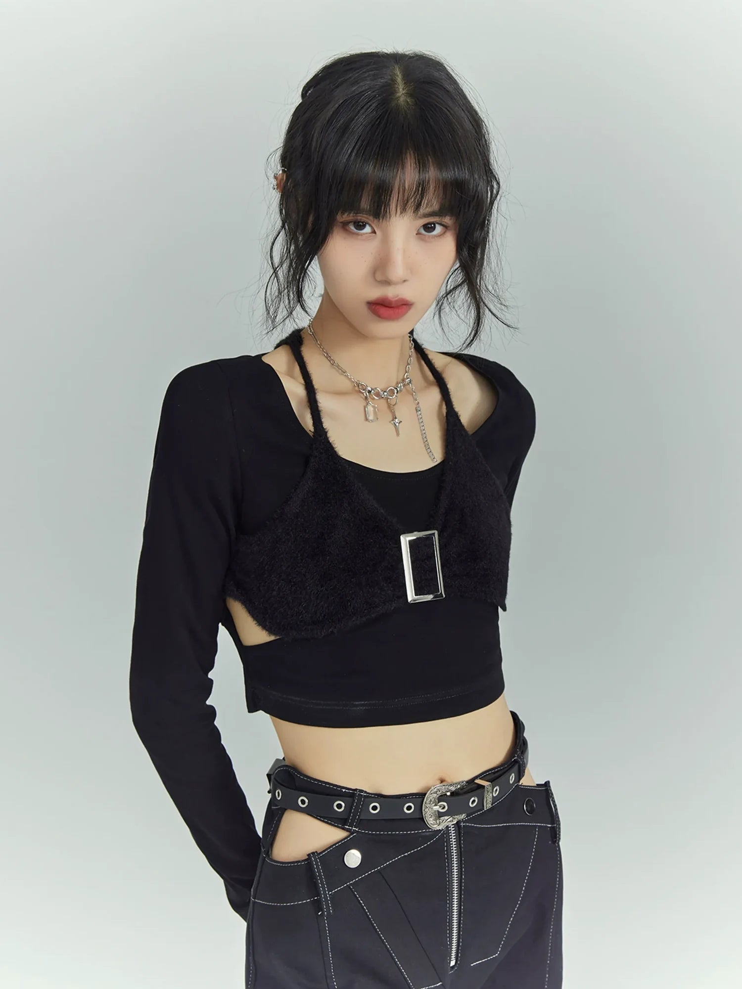 Black Sweet Cool Cut Out Layered Knit Top
