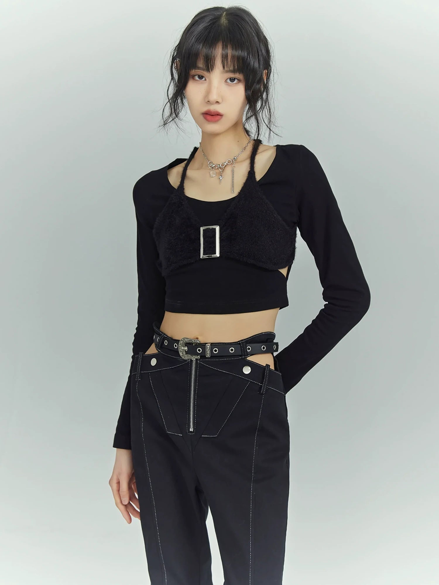 Black Sweet Cool Cut Out Layered Knit Top