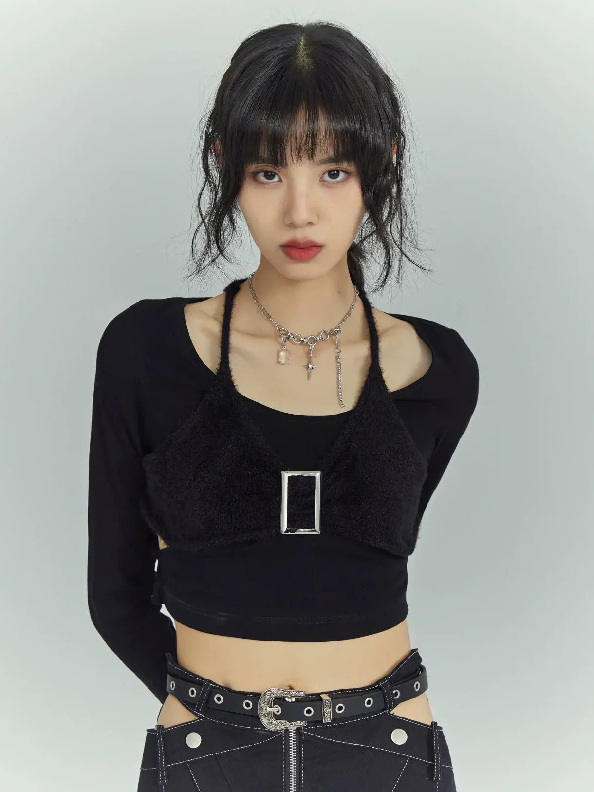 Black Sweet Cool Cut Out Layered Knit Top