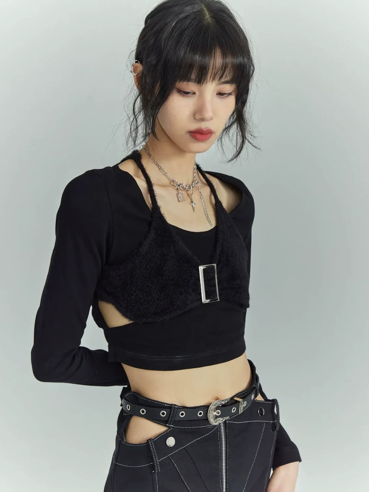 Black Sweet Cool Cut Out Layered Knit Top