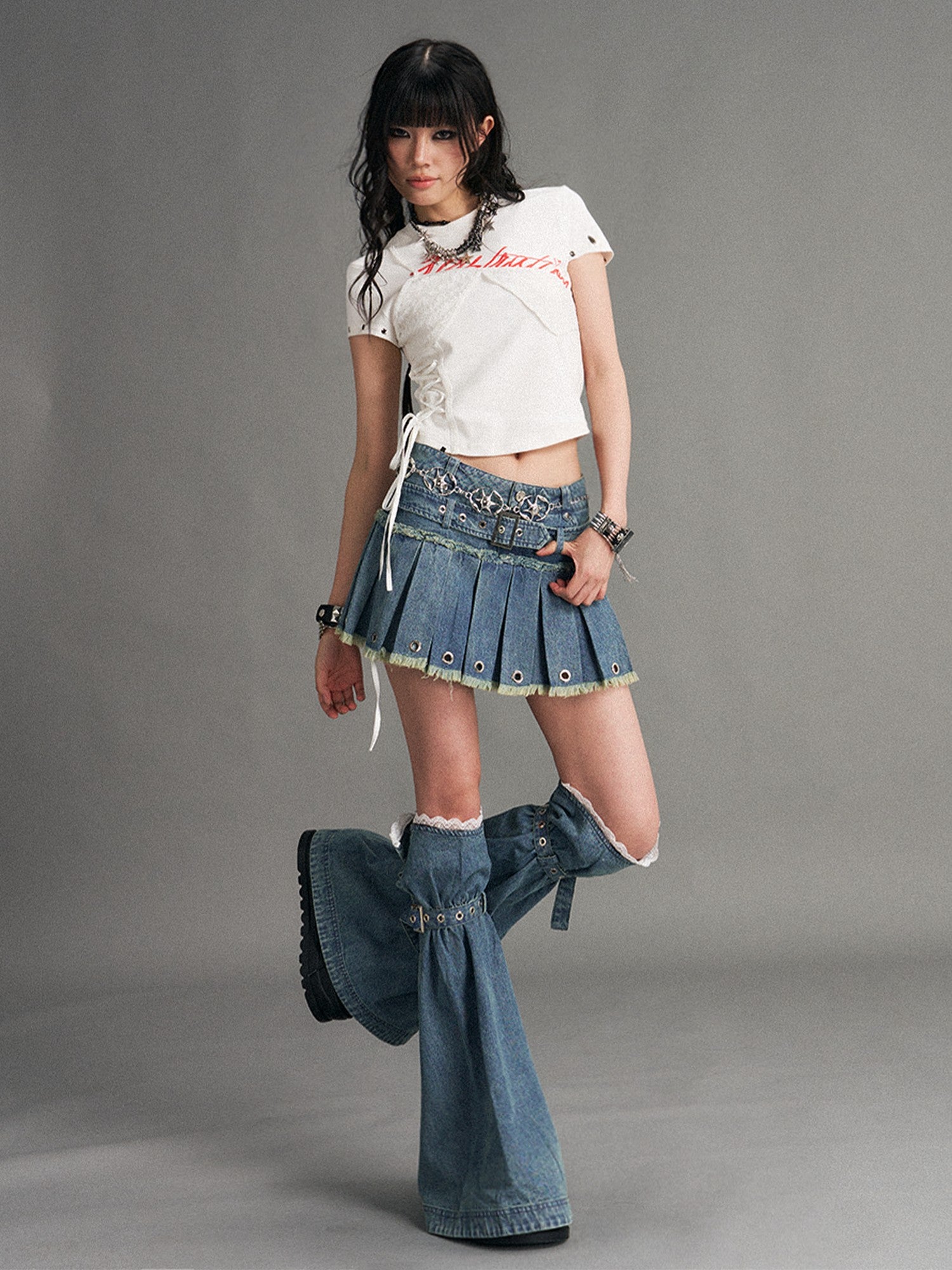 Frustration Garden Blue Punk Distressed Low Waist Belted Zip Women&