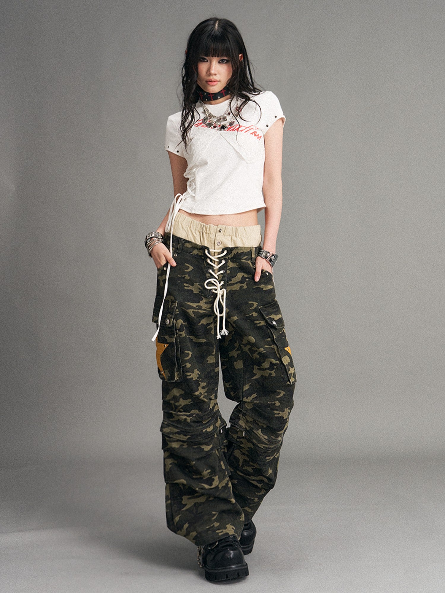 Frustration Garden Camouflage Detachable Patchwork Double Waist Low Rise Women&