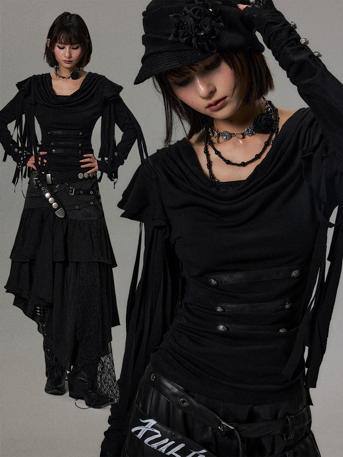 Frustration Garden Dark Court Fringe Draped Neck Ruffle Lace Button Women&