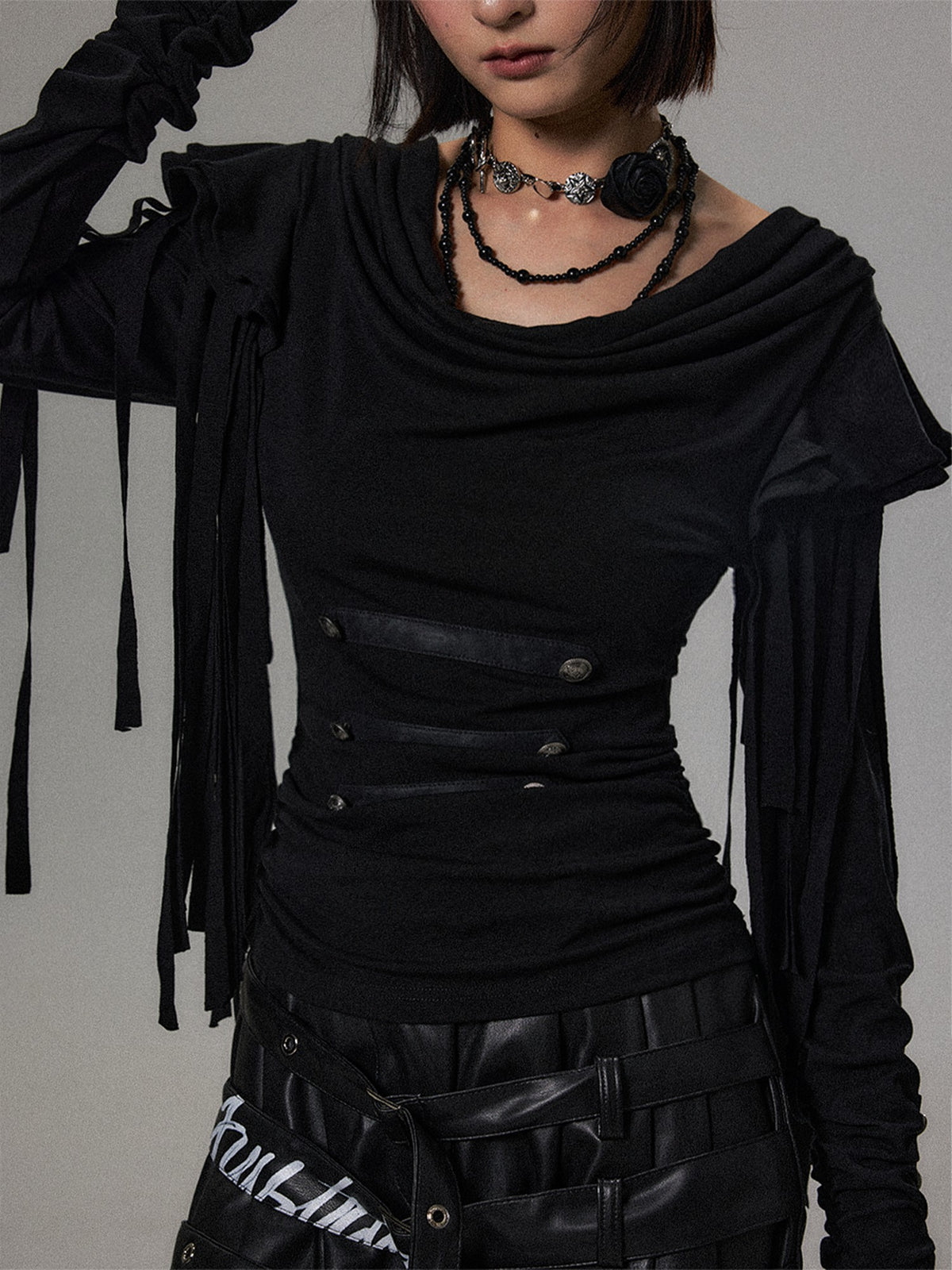 Frustration Garden Dark Court Fringe Draped Neck Ruffle Lace Button Women&