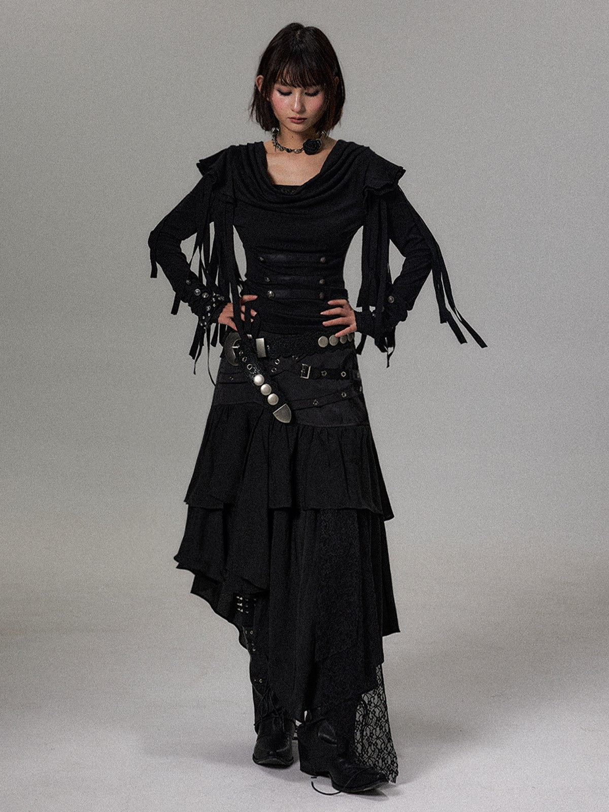 Frustration Garden Dark Court Fringe Draped Neck Ruffle Lace Button Women&