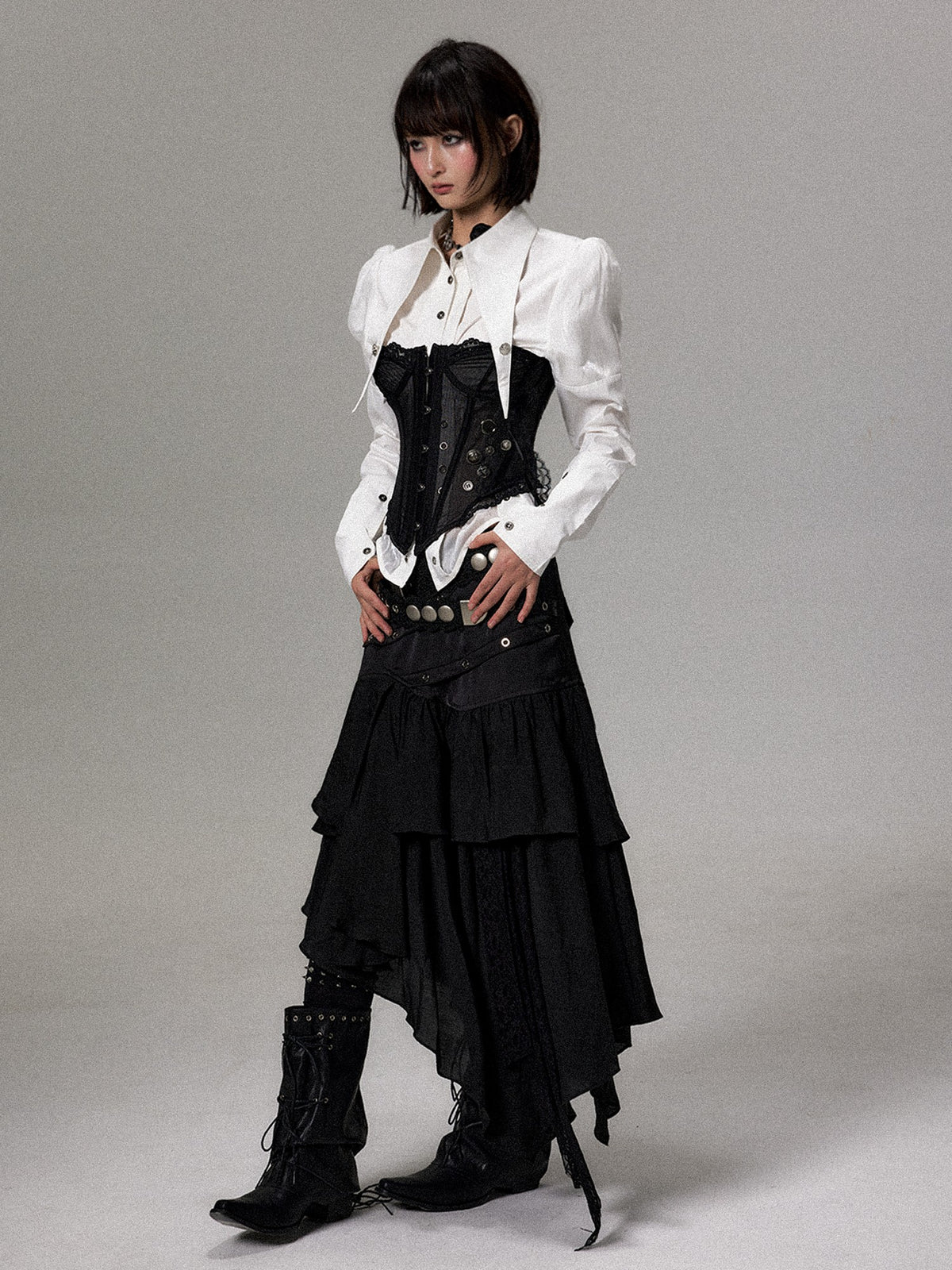 Frustration Garden Dark Lace Ruffle Asymmetric Layered A Line Women&