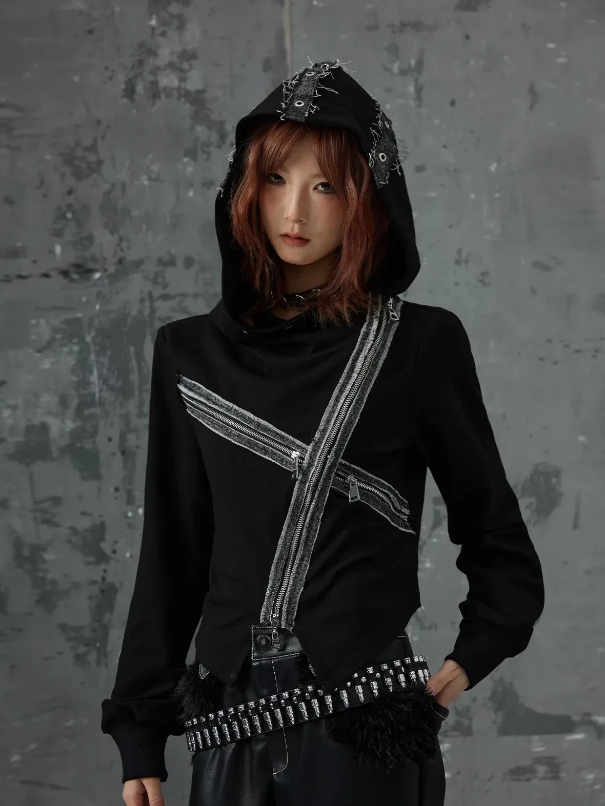 Frustration Garden Dark Punk Cross Hooded Knit Top