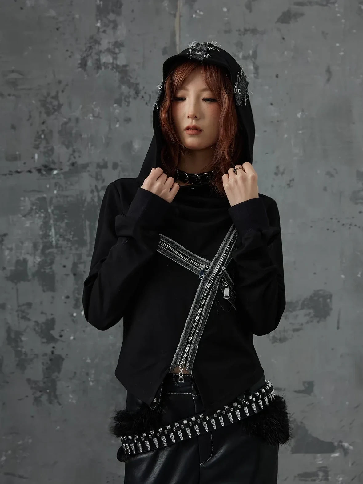Frustration Garden Dark Punk Cross Hooded Knit Top