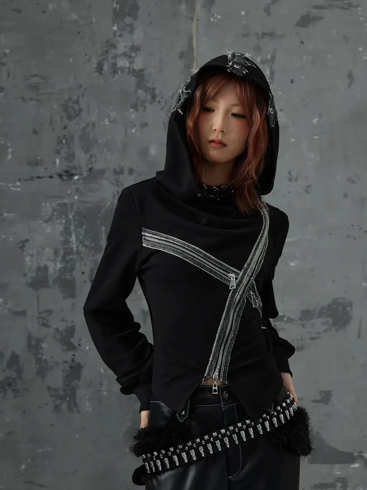 Frustration Garden Dark Punk Cross Hooded Knit Top