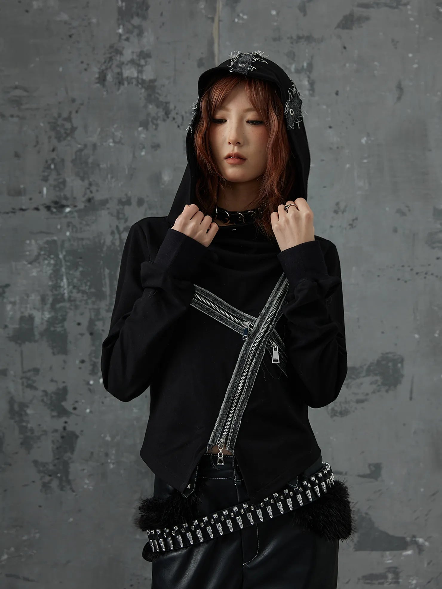 Frustration Garden Dark Punk Cross Hooded Knit Top