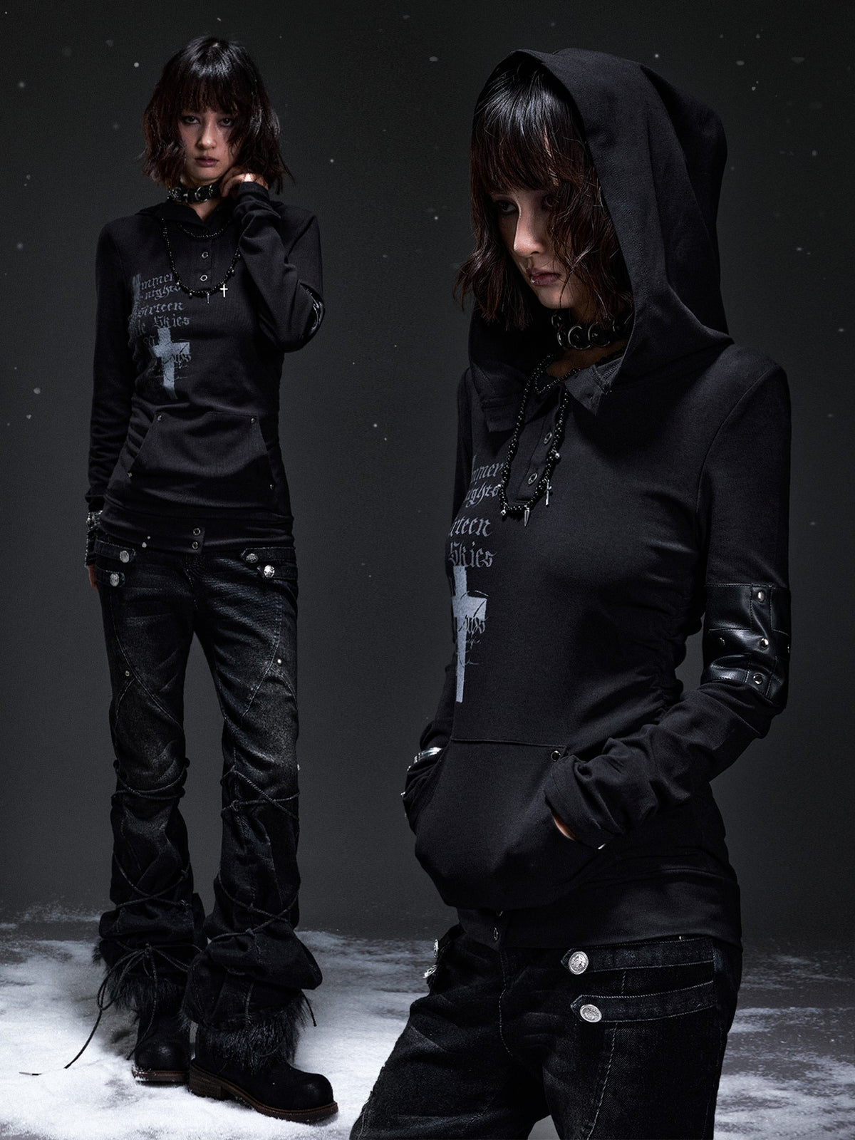 Frustration Garden Dark Punk Cross Print Hooded Rivet Women&