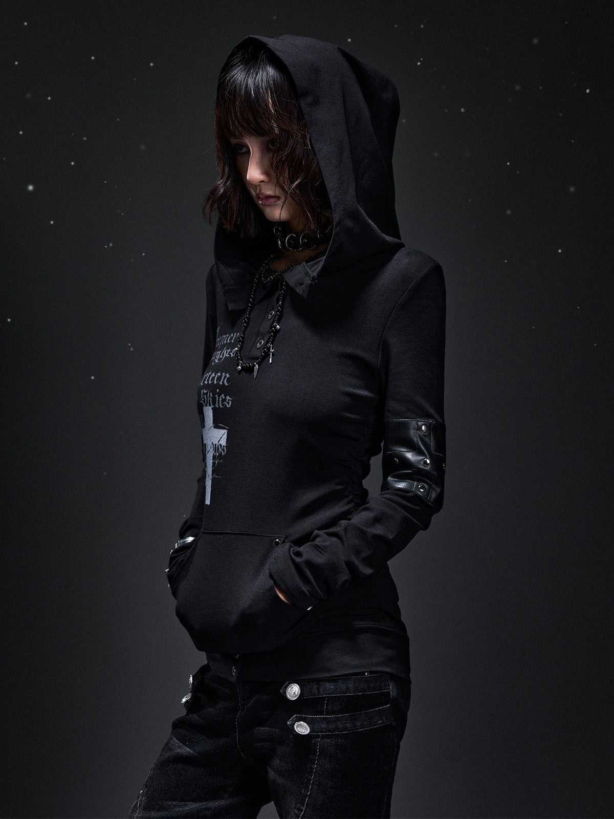 Frustration Garden Dark Punk Cross Print Hooded Rivet Women&