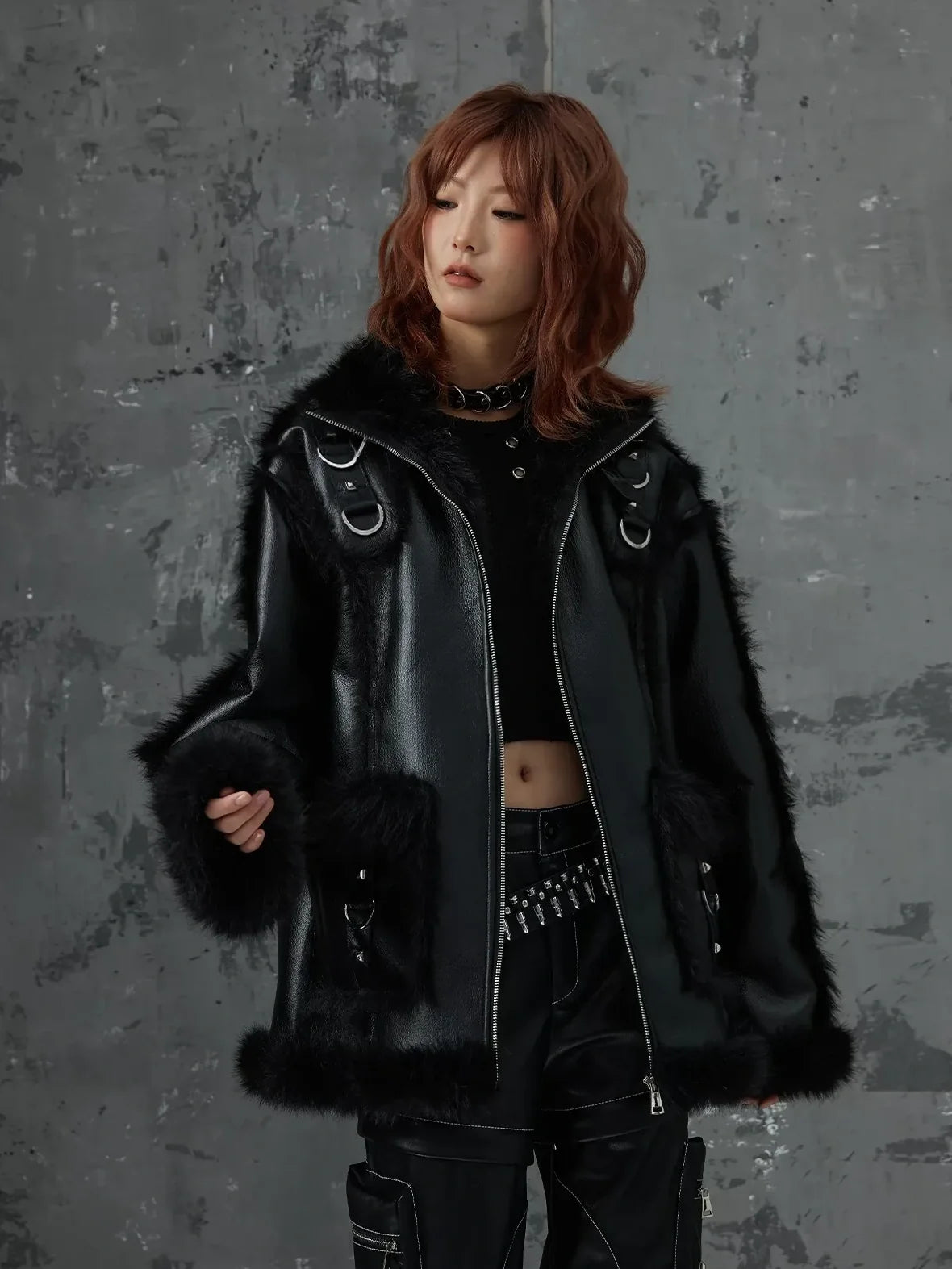 Frustration Garden Dark Punk Fur Trimmed Leather Jacket