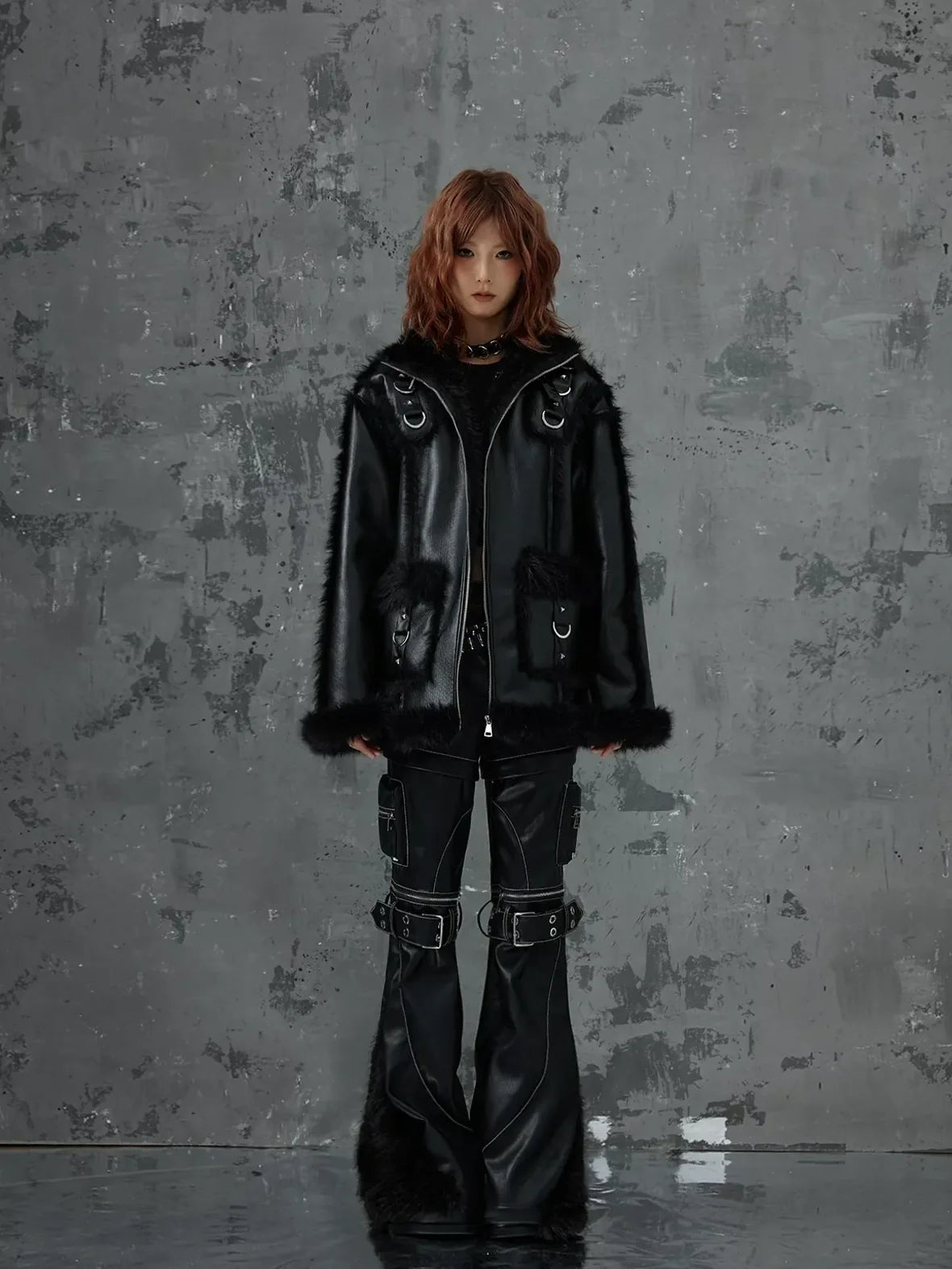 Frustration Garden Dark Punk Fur Trimmed Leather Jacket