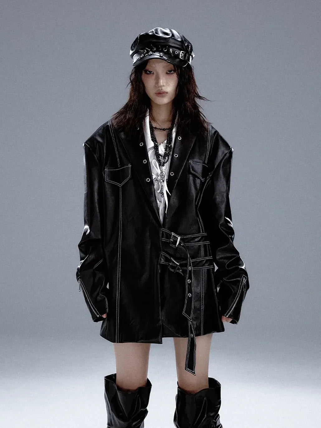 Frustration Garden Dark Punk Metal Trim Leather Blazer