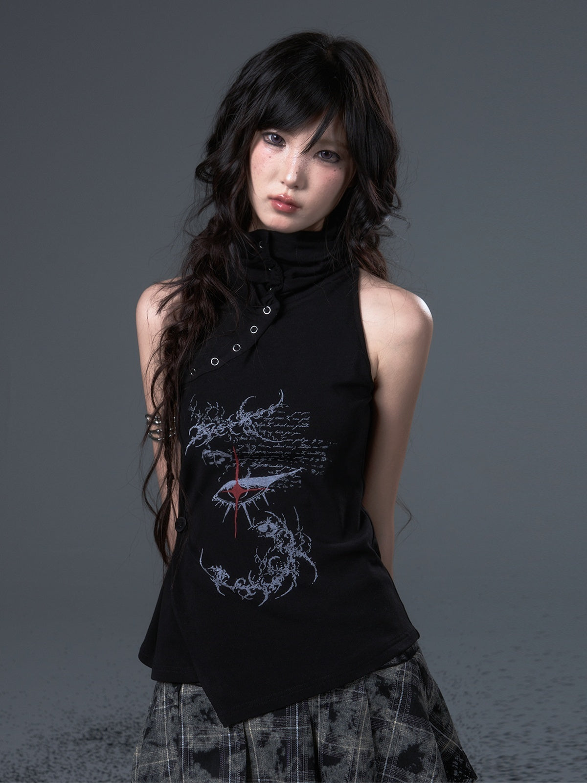 Frustration_Garden_Dark_Punk_Print_Ruched_Asymmetric_High_Neck_Foldover_Cotton_Women&