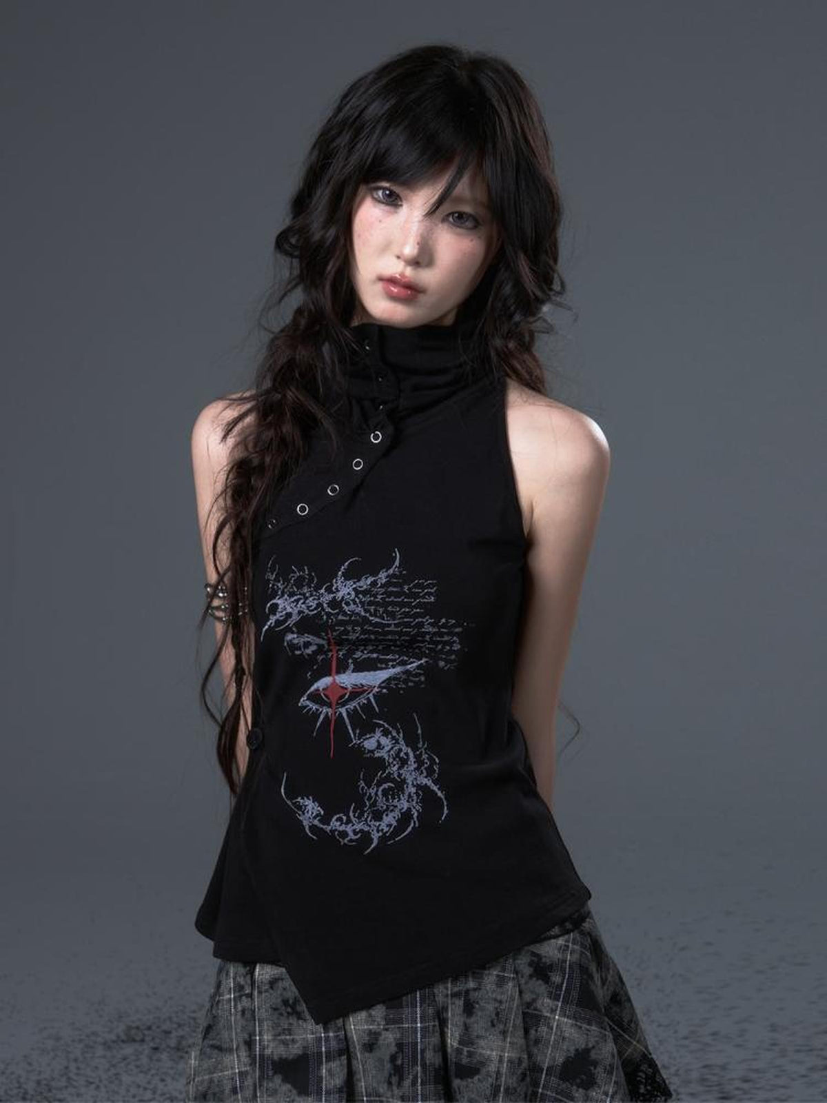 Frustration Garden Dark Punk Print Ruched Asymmetric High Neck Foldover Cotton Women&