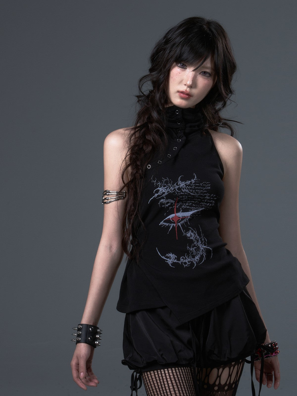 Frustration Garden Dark Punk Print Ruched Asymmetric High Neck Foldover Cotton Women&