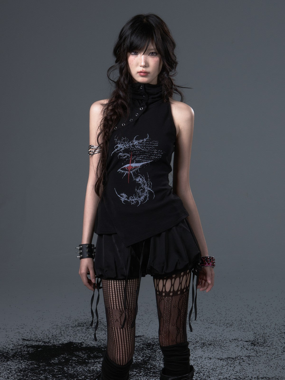 Frustration Garden Dark Punk Print Ruched Asymmetric High Neck Foldover Cotton Women&