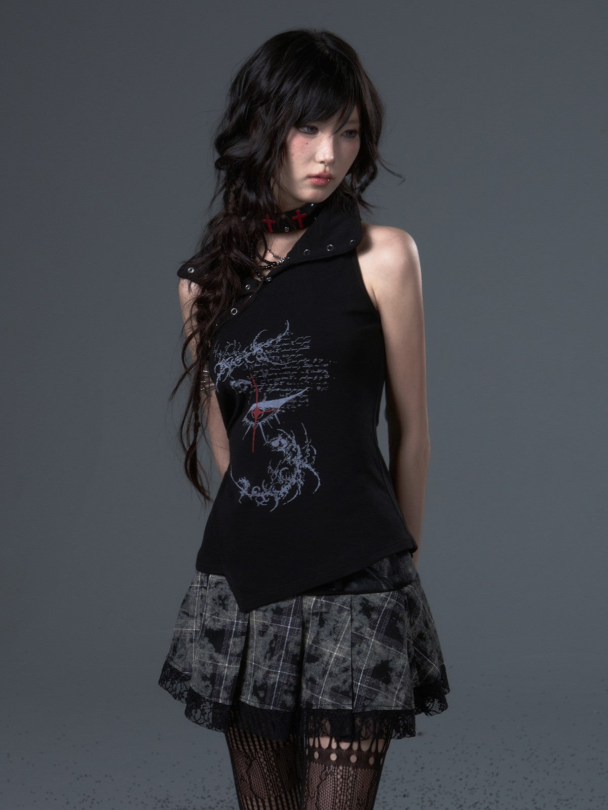 Frustration Garden Dark Punk Print Ruched Asymmetric High Neck Foldover Cotton Women&
