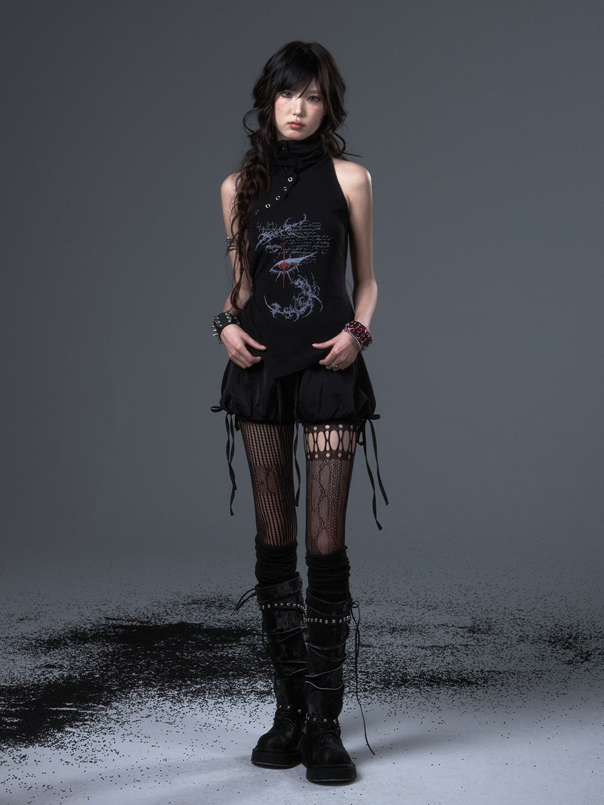 Frustration Garden Dark Punk Print Ruched Asymmetric High Neck Foldover Cotton Women&