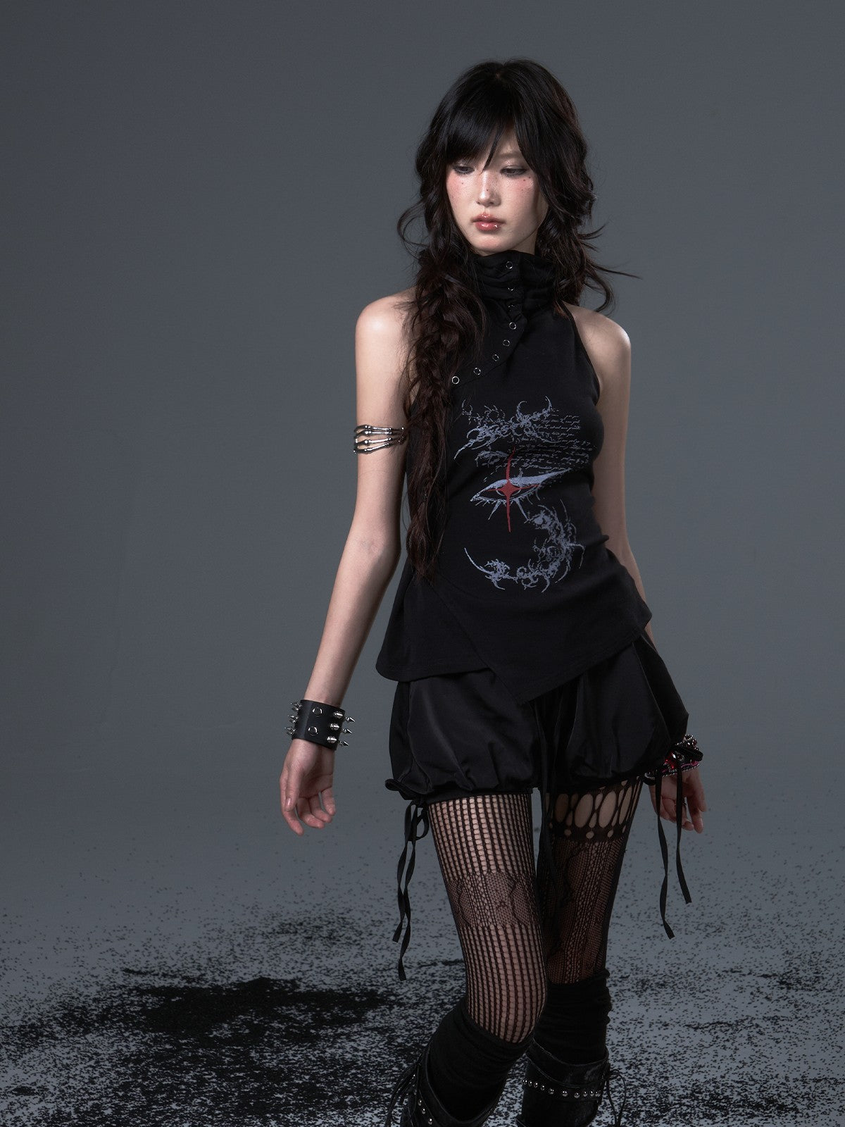 Frustration Garden Dark Punk Print Ruched Asymmetric High Neck Foldover Cotton Women&