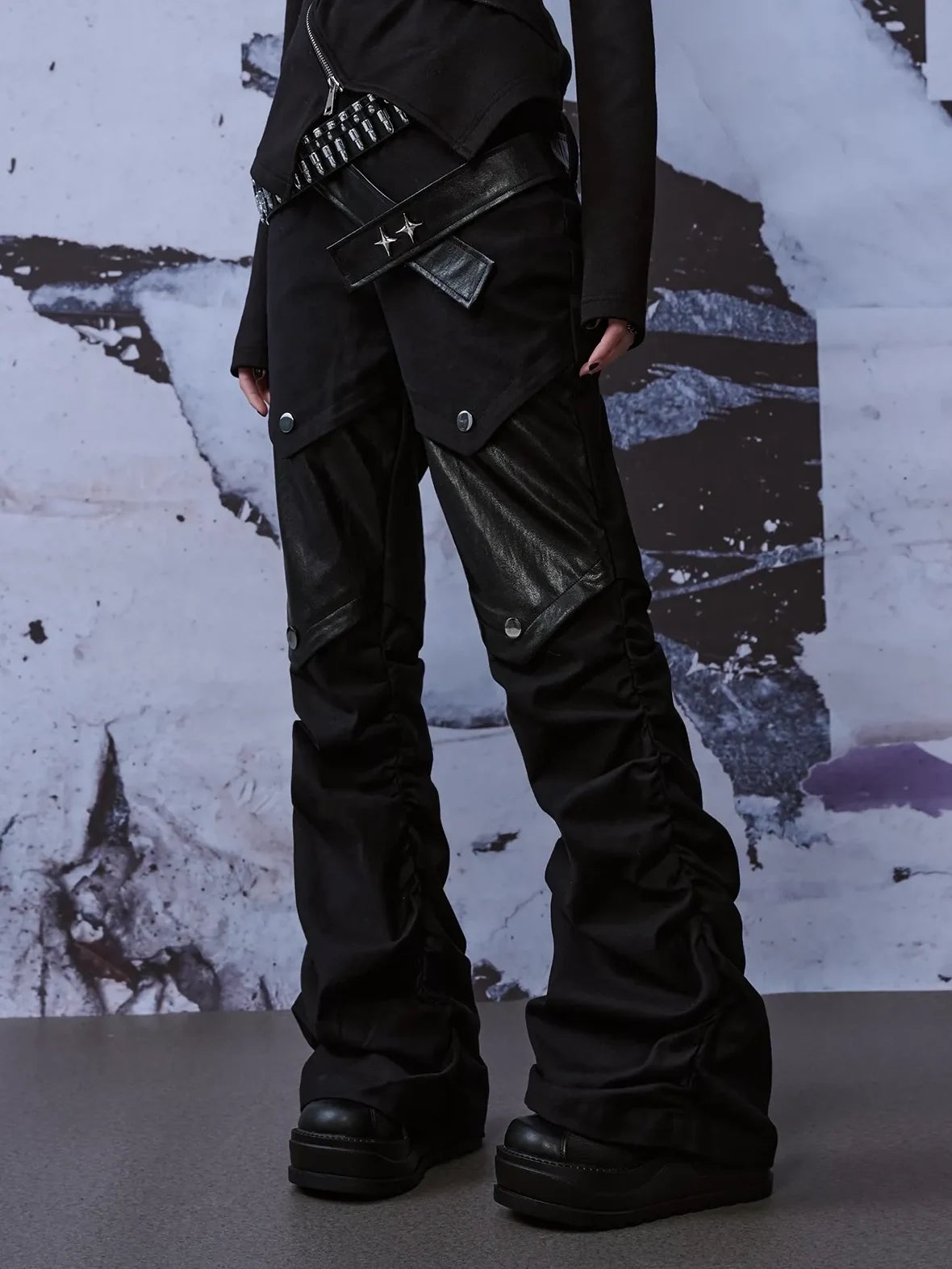 Deconstructed Punk Leather Patch Denim