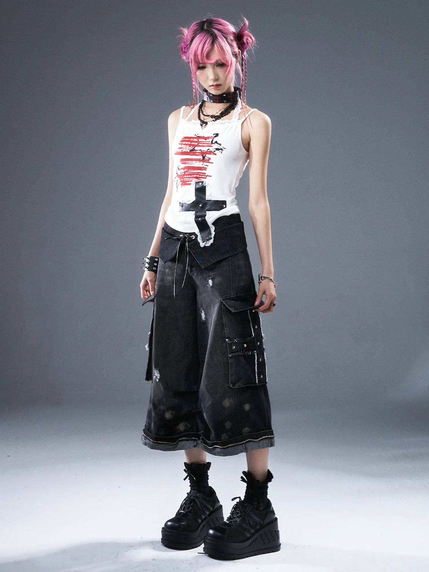 Frustration Garden Deconstructed Punk Raw Edge Cropped Cargo Jeans
