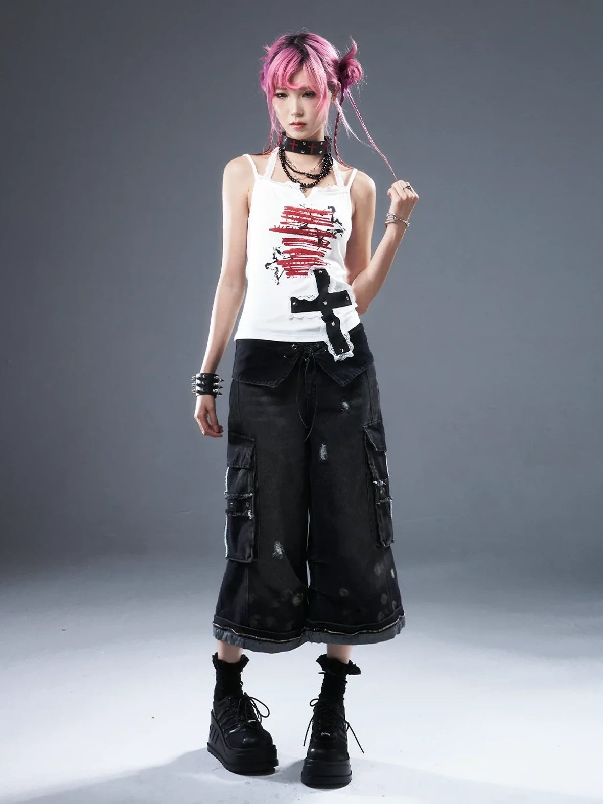 Frustration Garden Deconstructed Punk Raw Edge Cropped Cargo Jeans