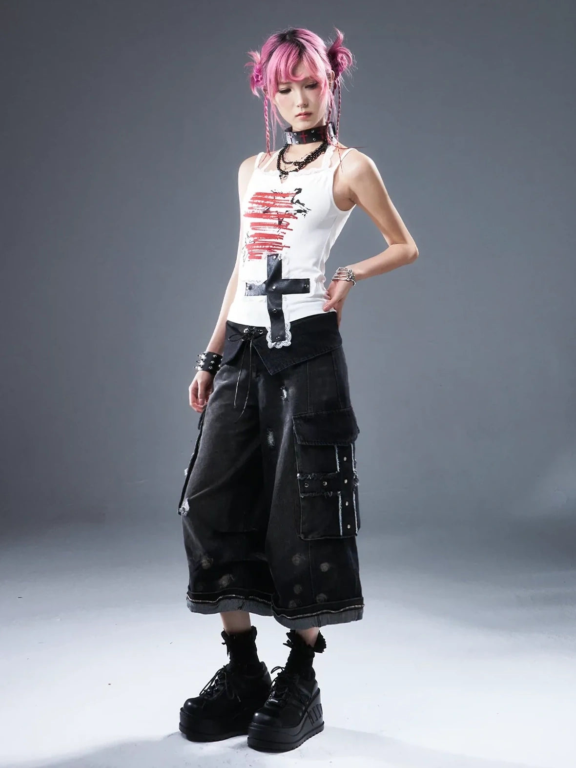 Frustration Garden Deconstructed Punk Raw Edge Cropped Cargo Jeans