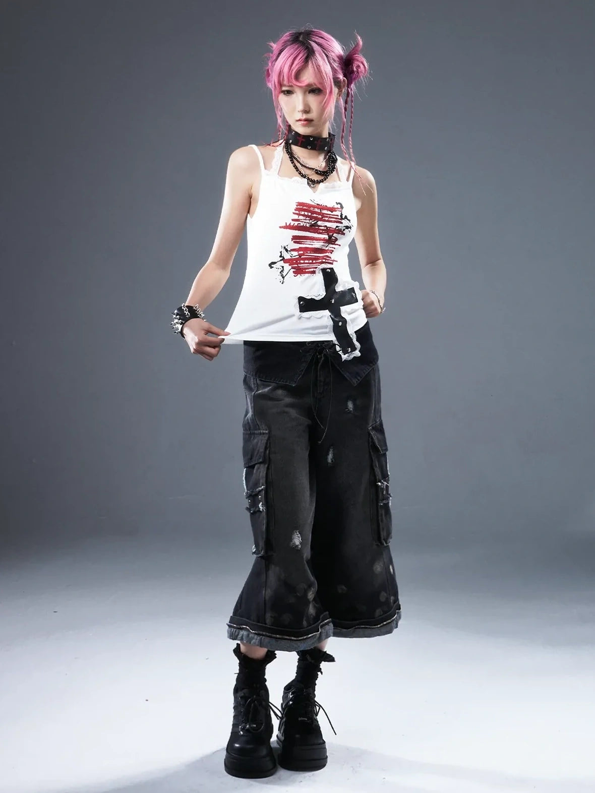 Frustration Garden Deconstructed Punk Raw Edge Cropped Cargo Jeans