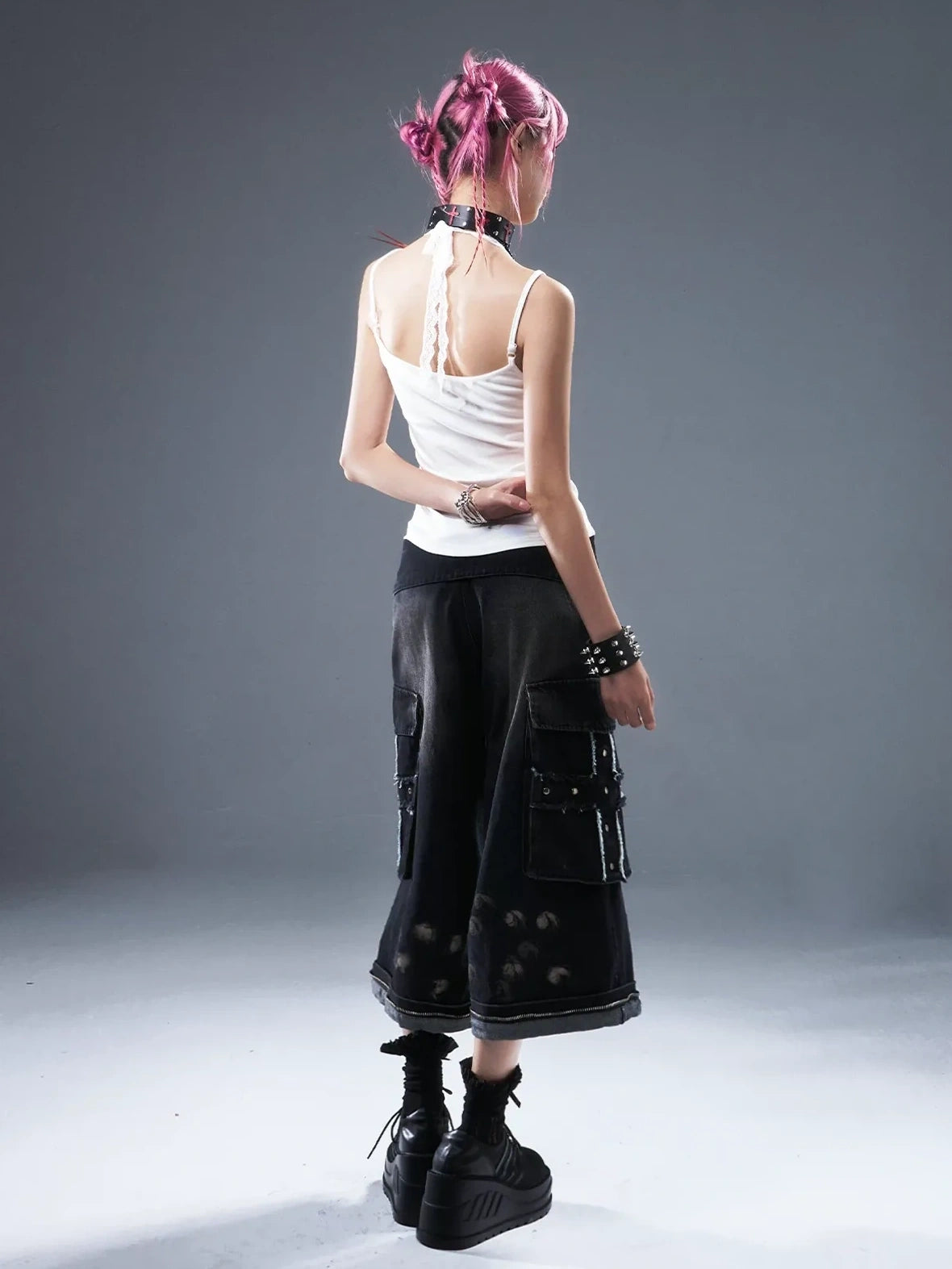 Frustration Garden Deconstructed Punk Raw Edge Cropped Cargo Jeans