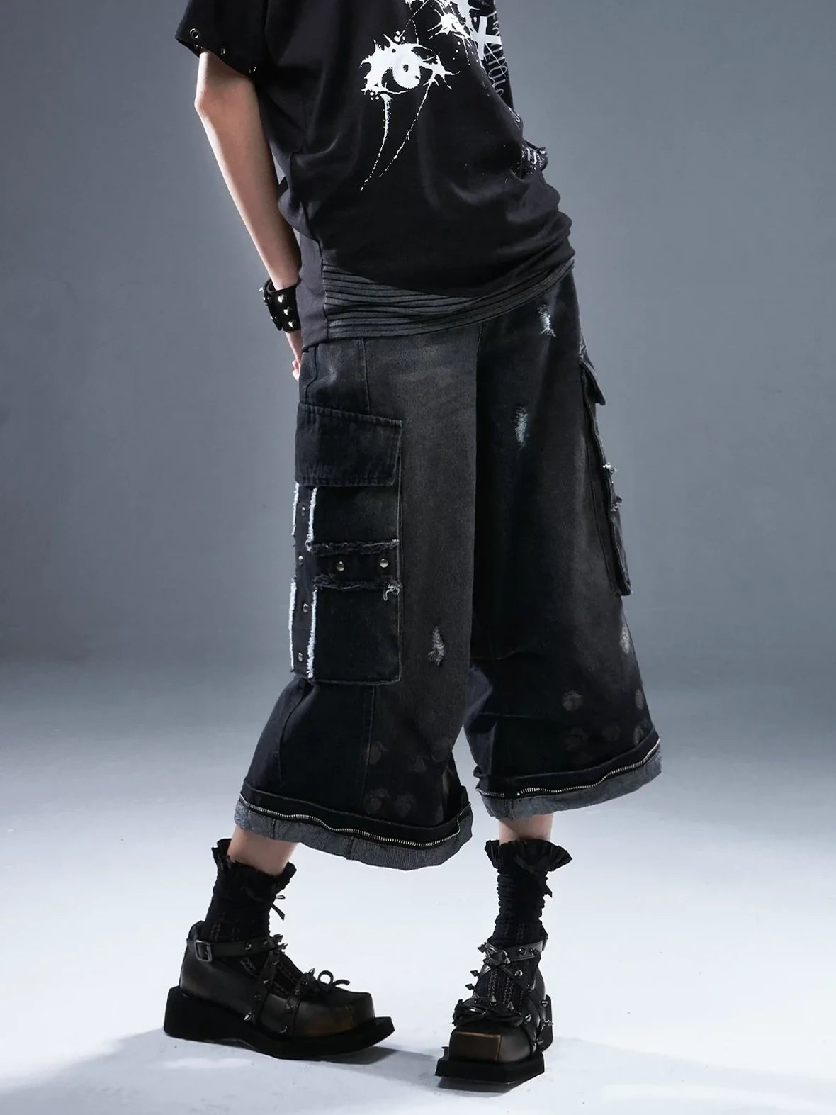 Frustration Garden Deconstructed Punk Raw Edge Cropped Cargo Jeans