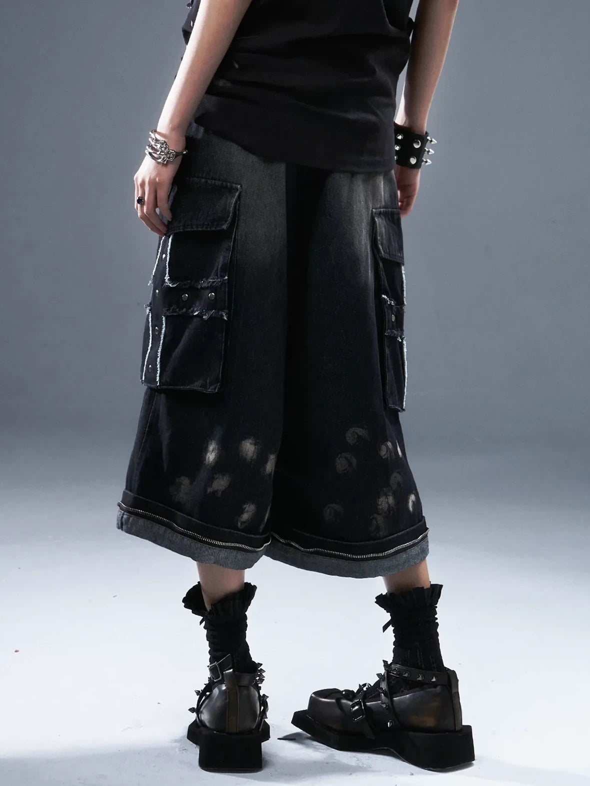 Frustration Garden Deconstructed Punk Raw Edge Cropped Cargo Jeans