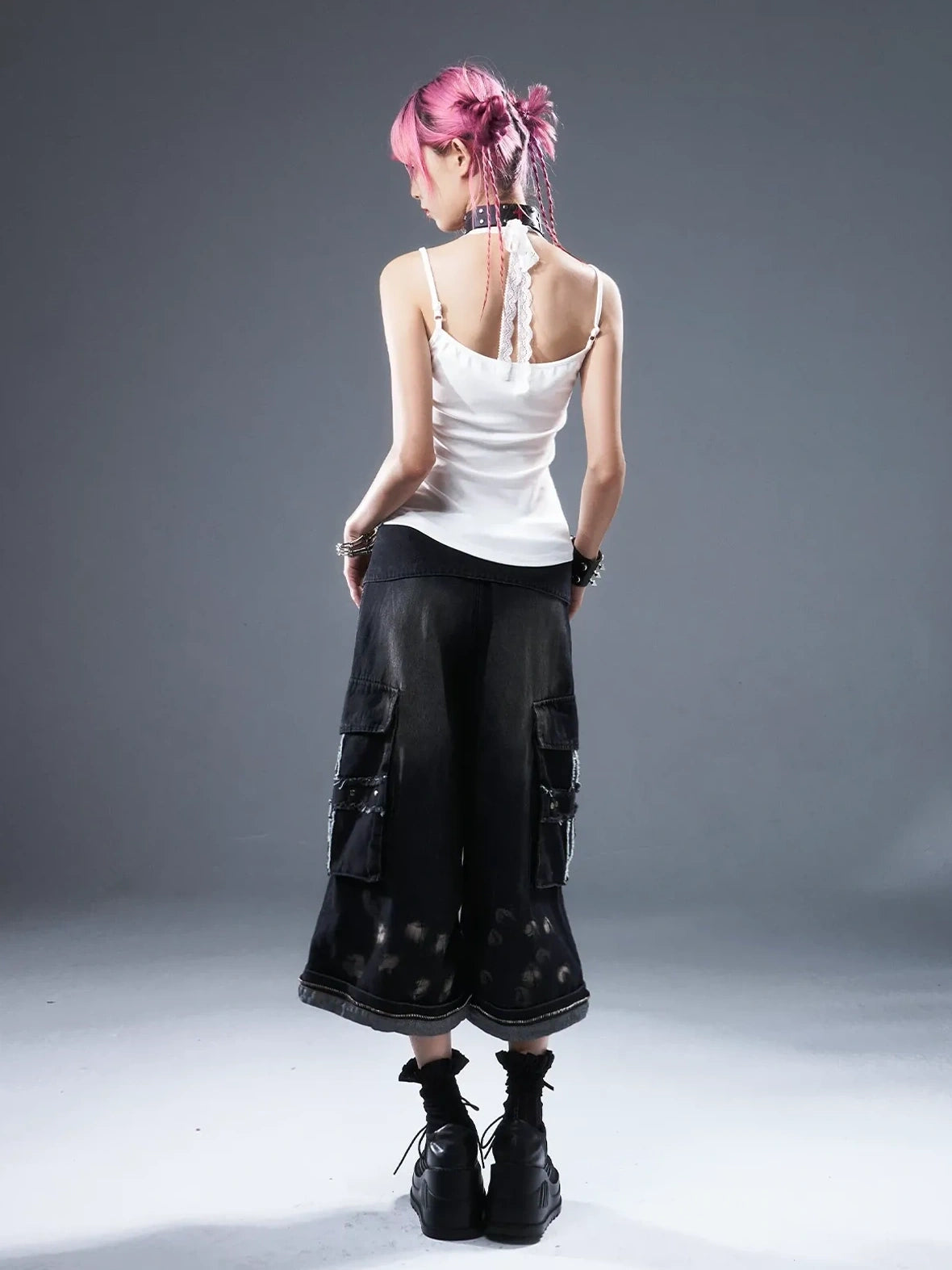 Frustration Garden Deconstructed Punk Raw Edge Cropped Cargo Jeans