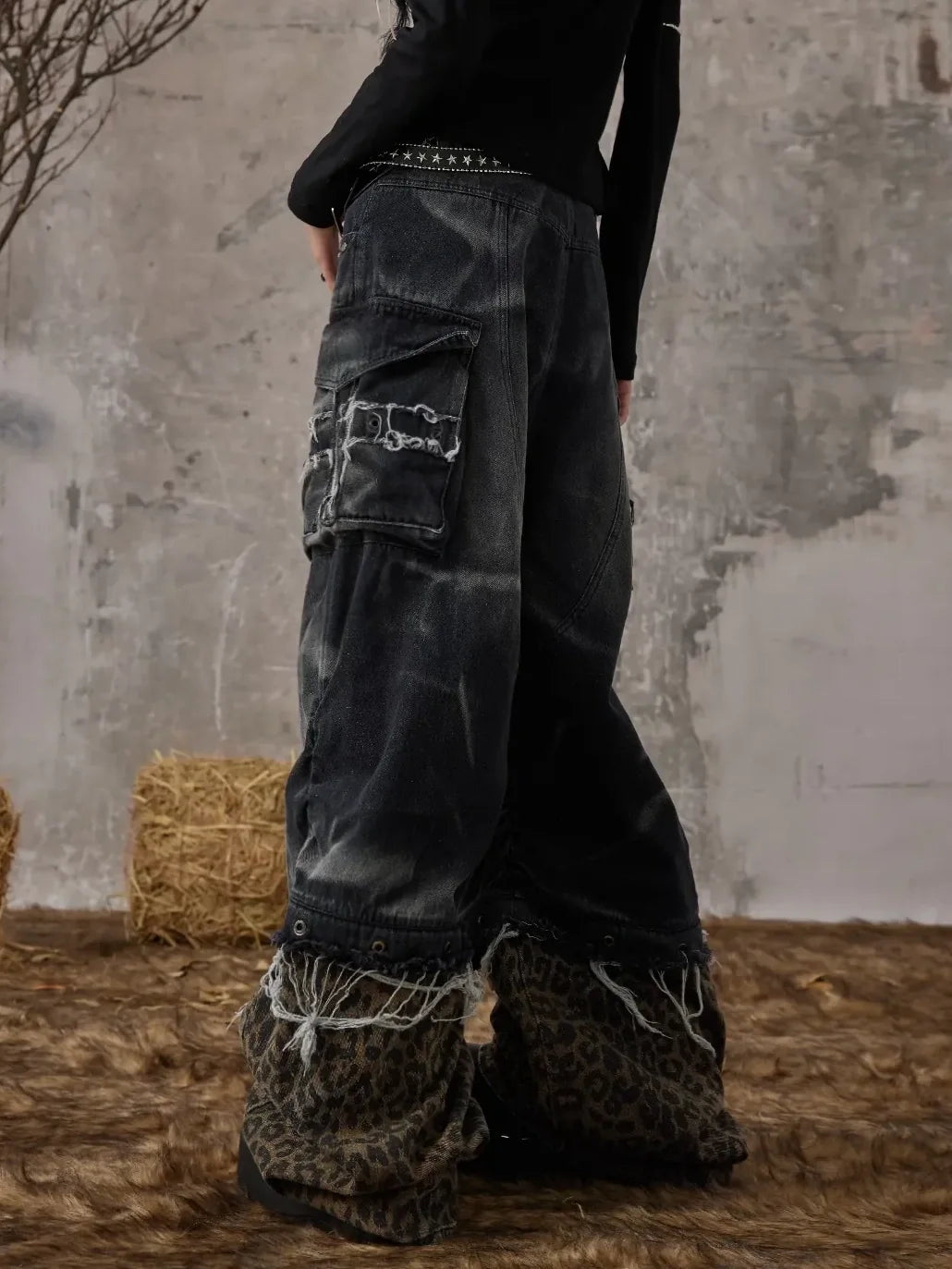 Frustration Garden Detachable Leopard Wash Baggy Jeans