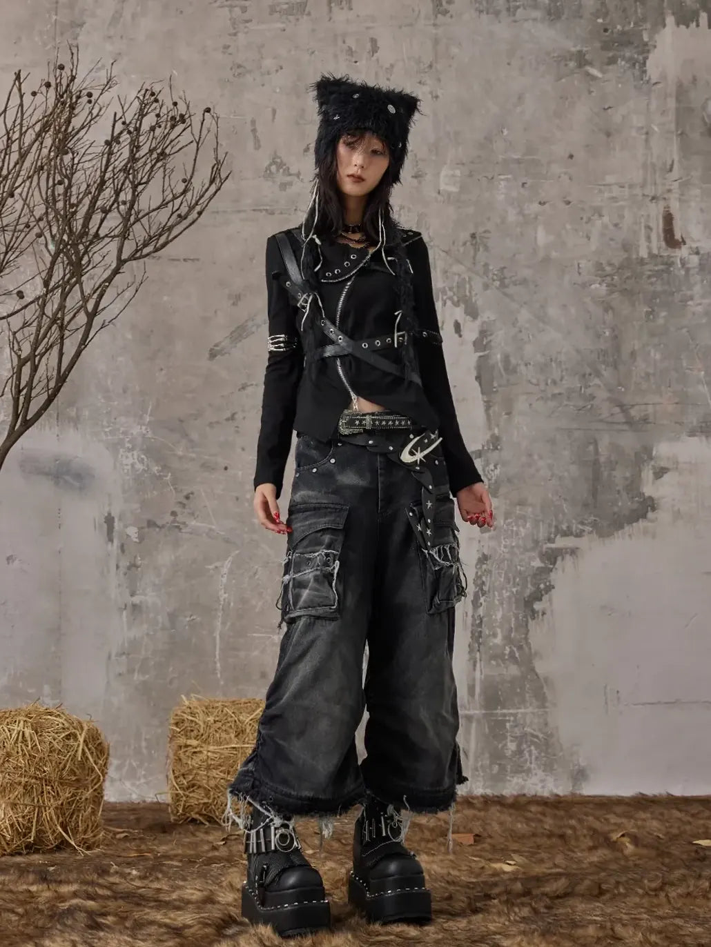 Frustration Garden Detachable Leopard Wash Baggy Jeans