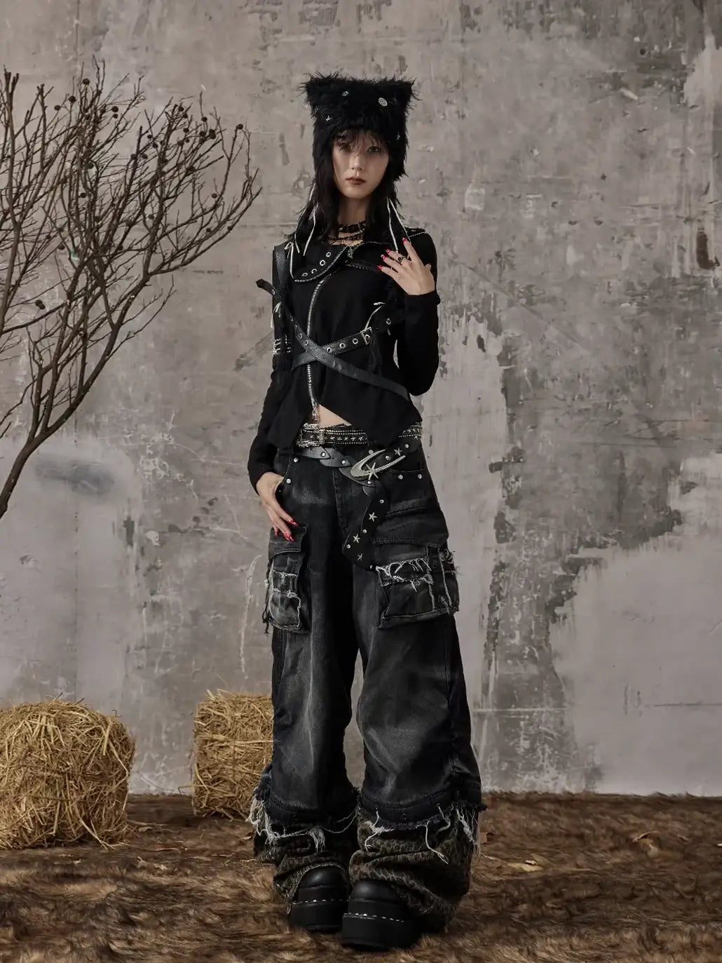 Frustration Garden Detachable Leopard Wash Baggy Jeans