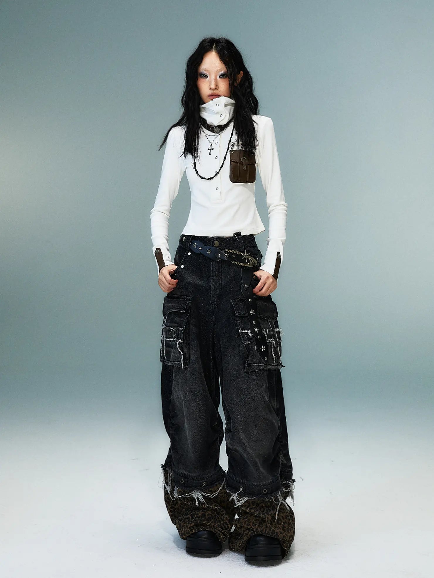 Frustration Garden Detachable Leopard Wash Baggy Jeans