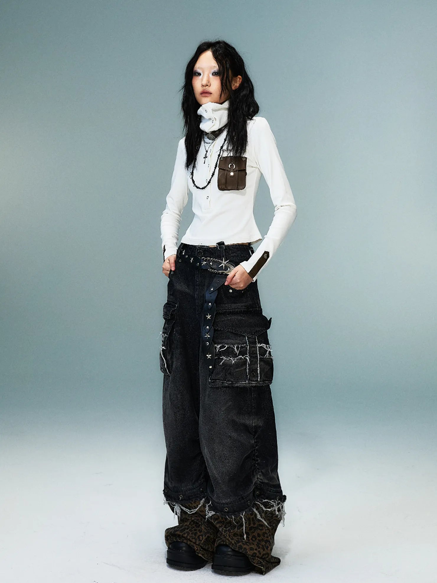 Frustration Garden Detachable Leopard Wash Baggy Jeans