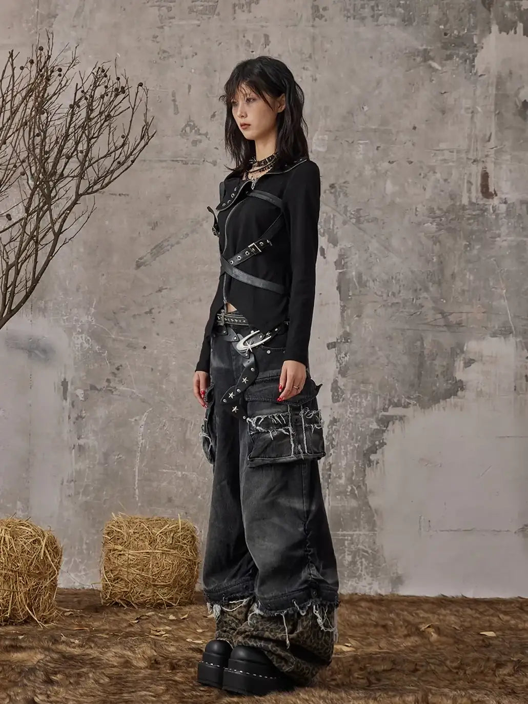 Frustration Garden Detachable Leopard Wash Baggy Jeans