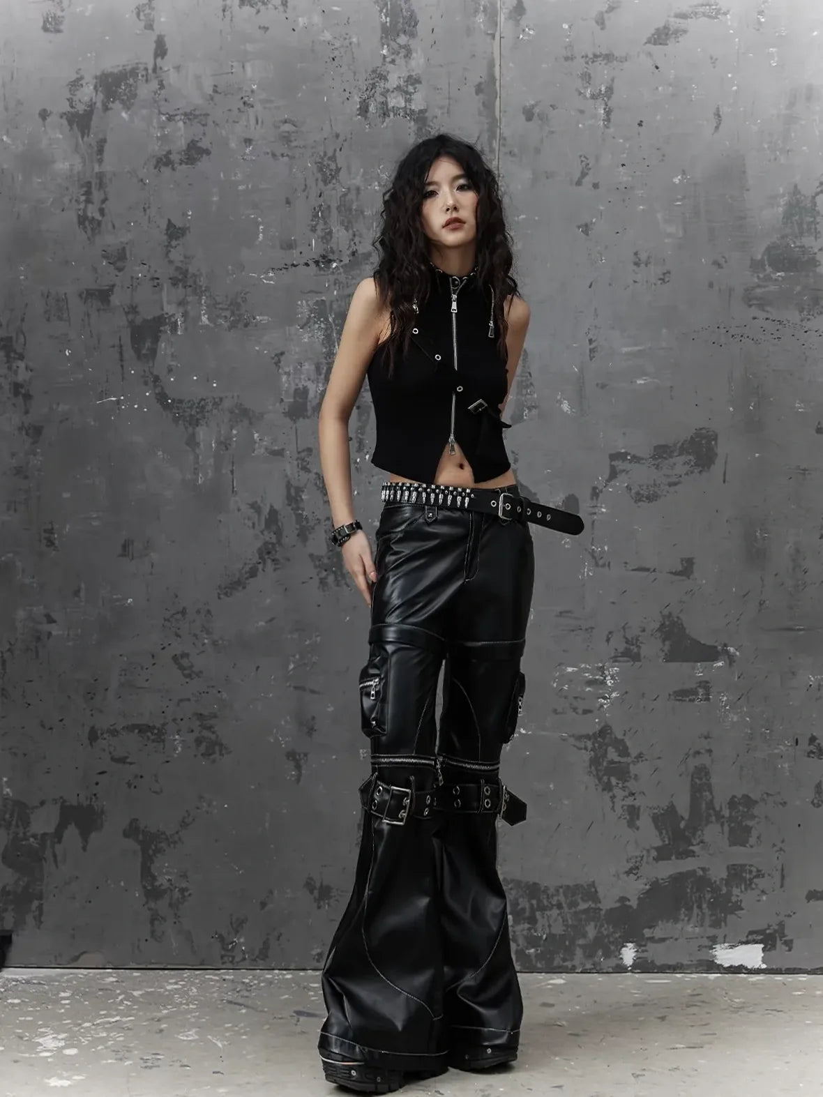 Frustration Garden Detachable Metal Punk Flared Leather Pants
