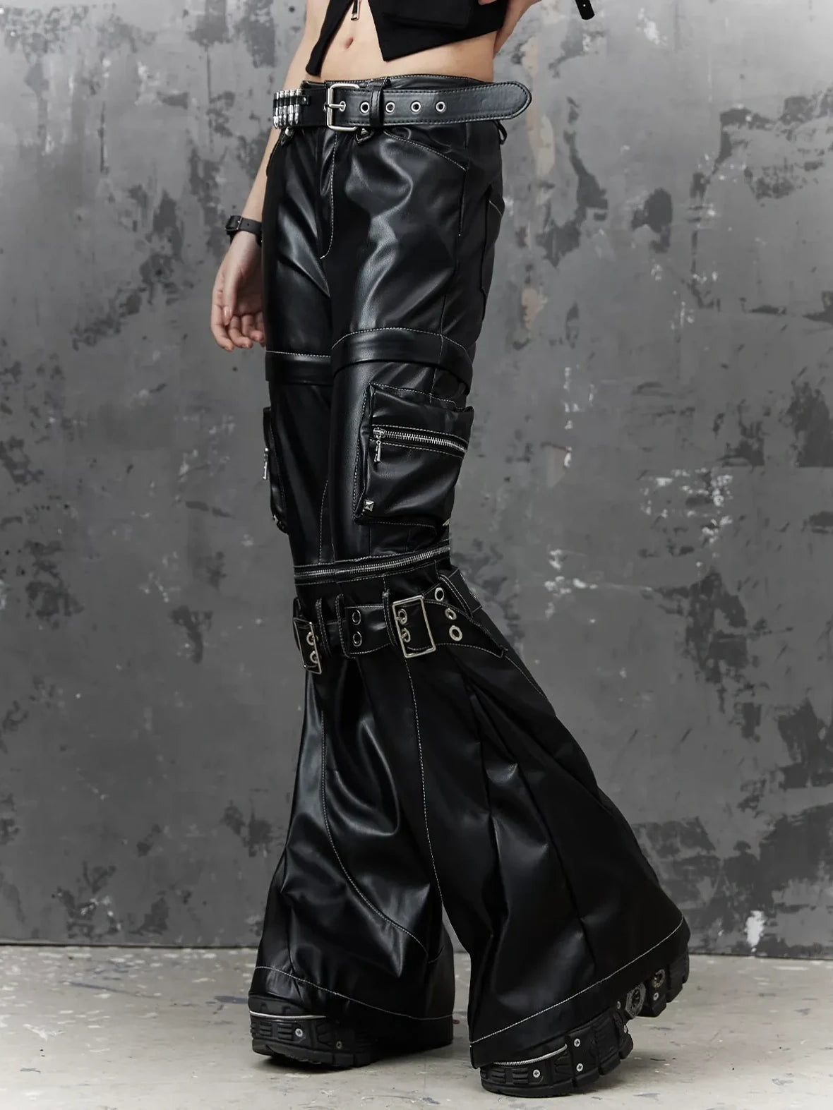 Frustration Garden Detachable Metal Punk Flared Leather Pants