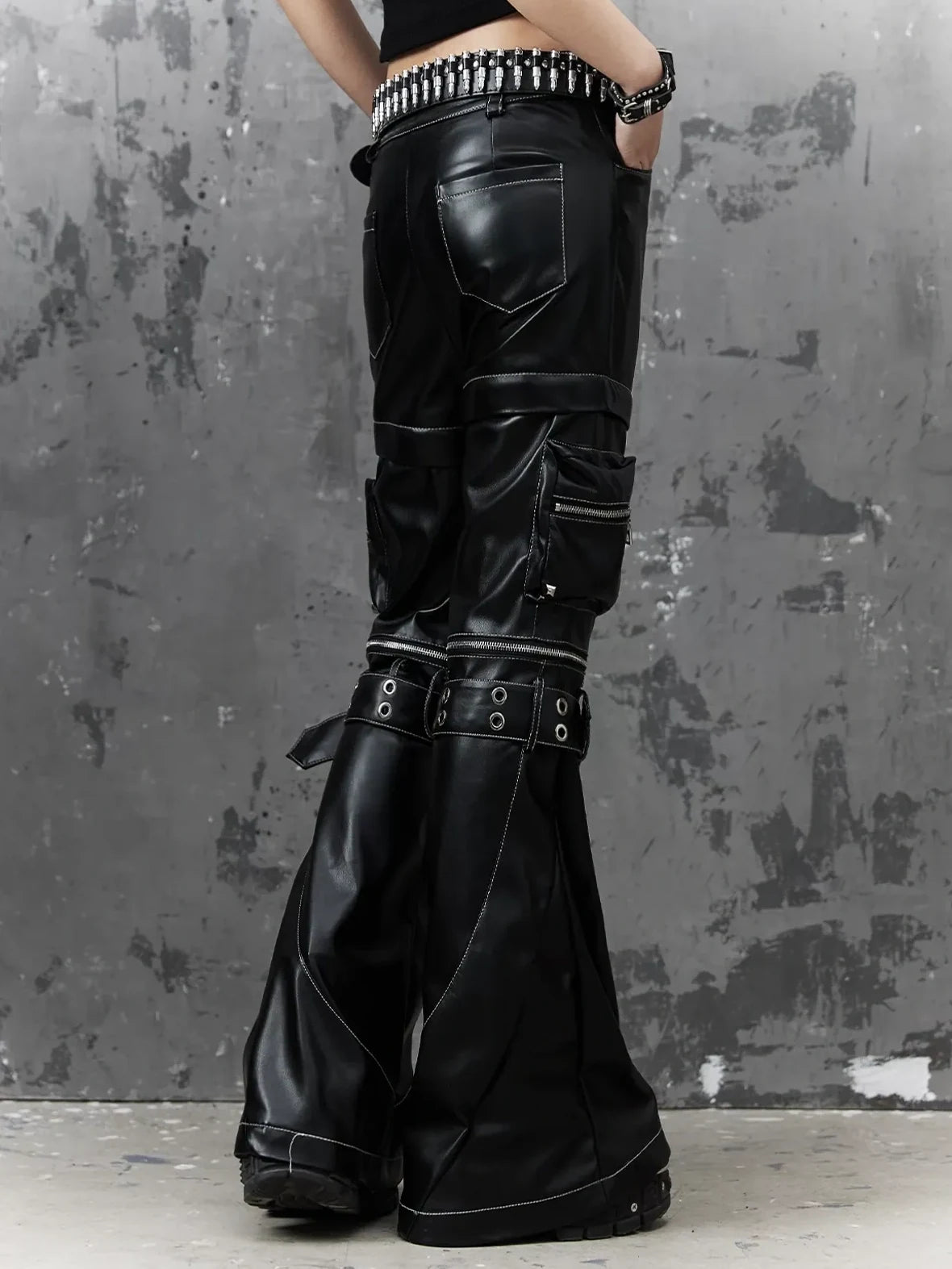 Frustration Garden Detachable Metal Punk Flared Leather Pants