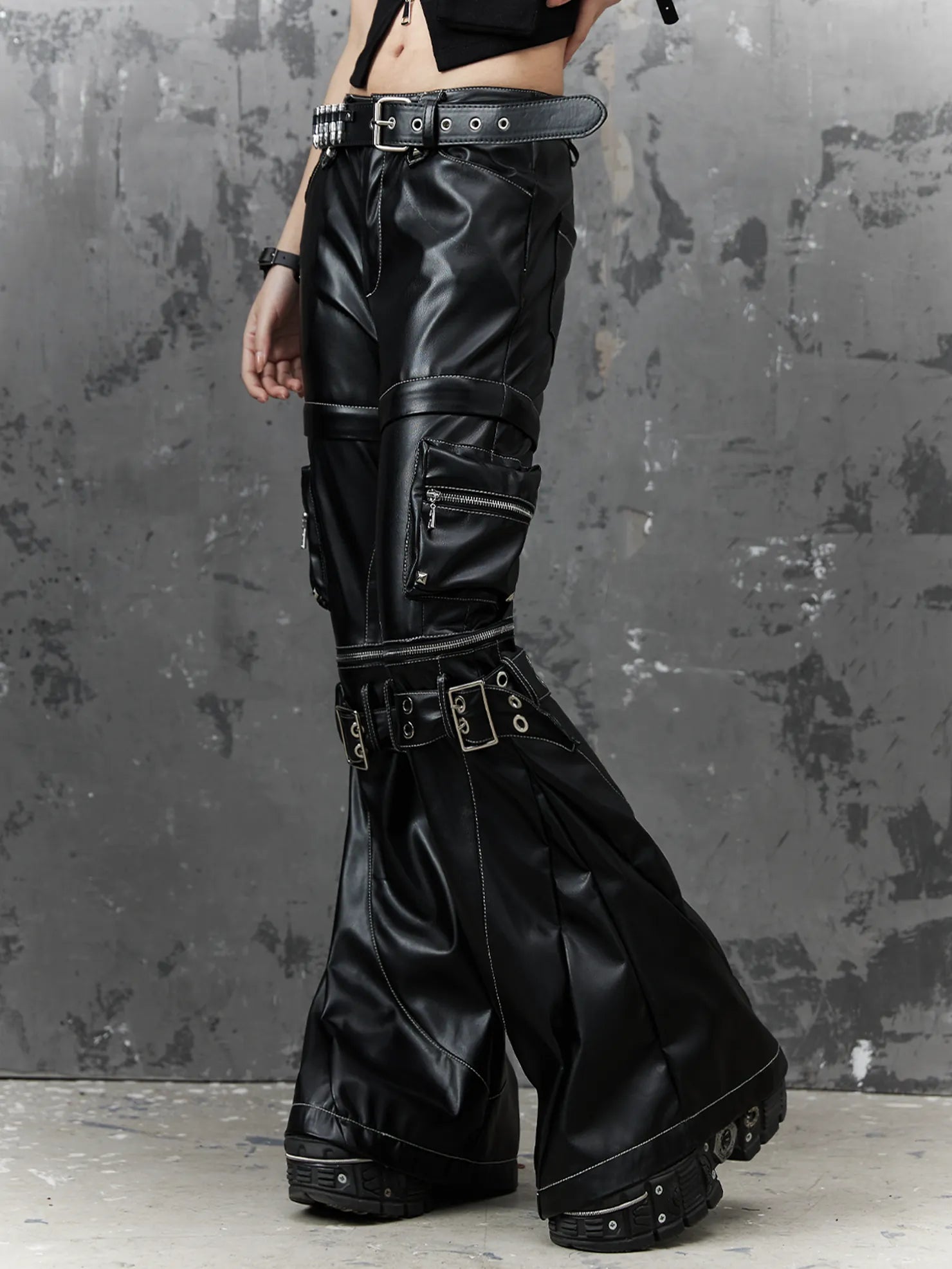 Frustration Garden Detachable Metal Punk Flared Leather Pants
